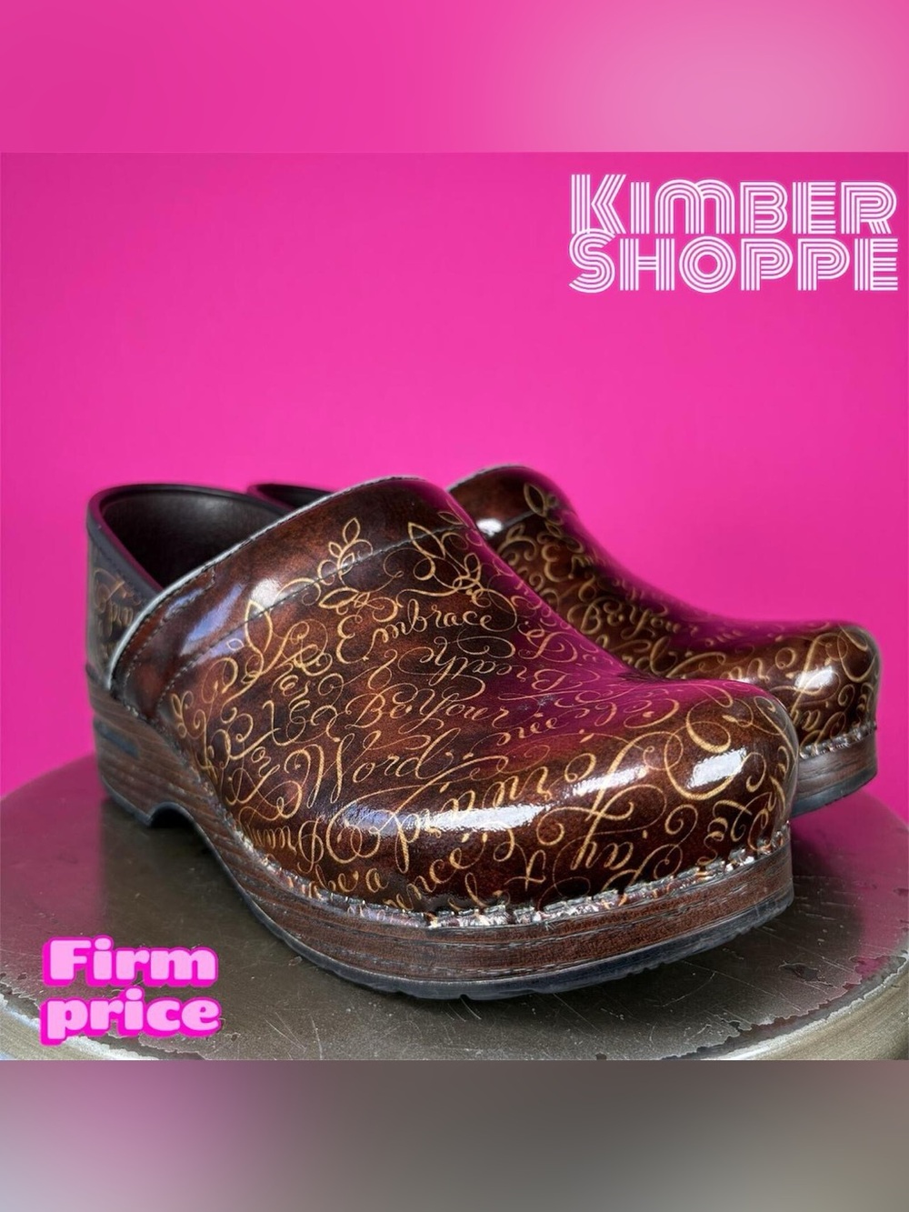 Dansko Inspirational Words Brown Patent Leather Gold Script Clog Eu 38 Us 7.5-8